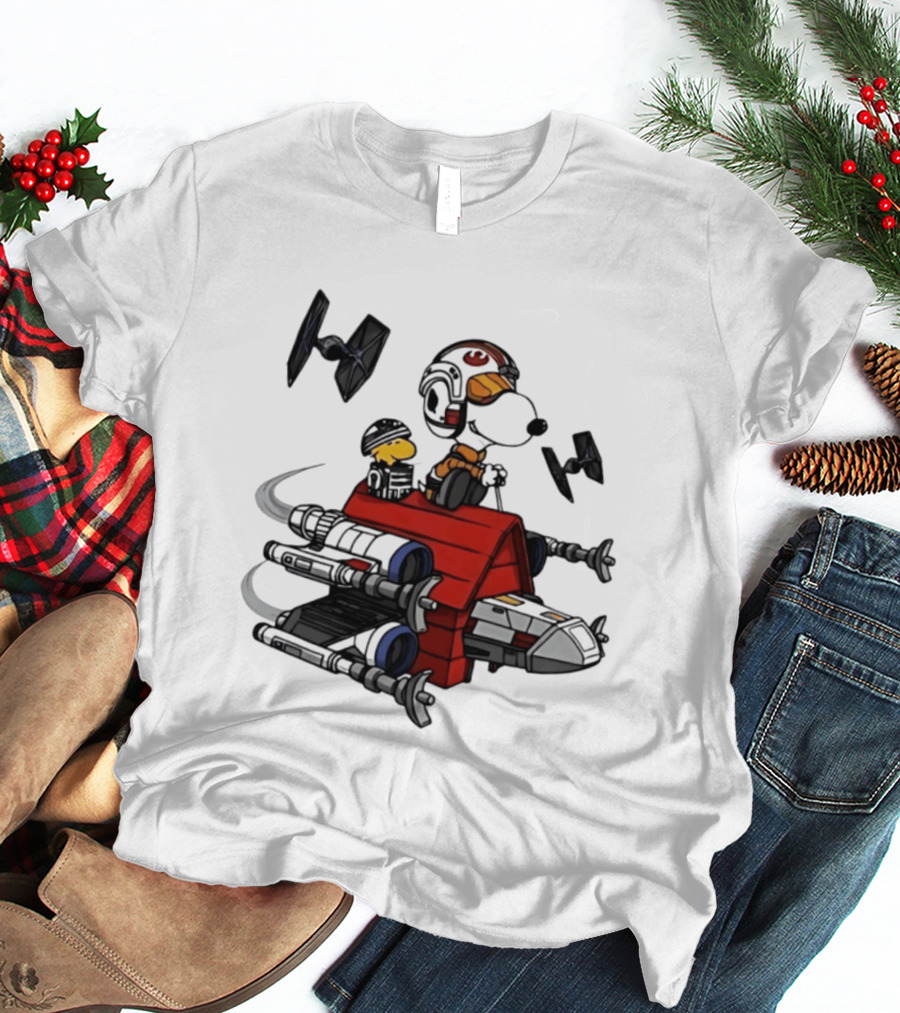 Space Beagle Snoopy Star Wars X Wing Doghouse Woodstock TIE Fighters T-Shirt