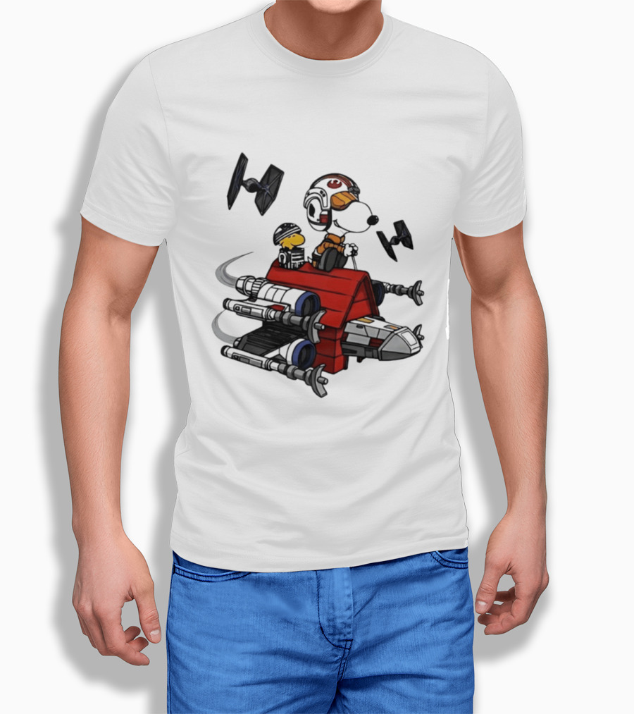 Space Beagle Snoopy Star Wars X Wing Doghouse Woodstock TIE Fighters T-Shirt