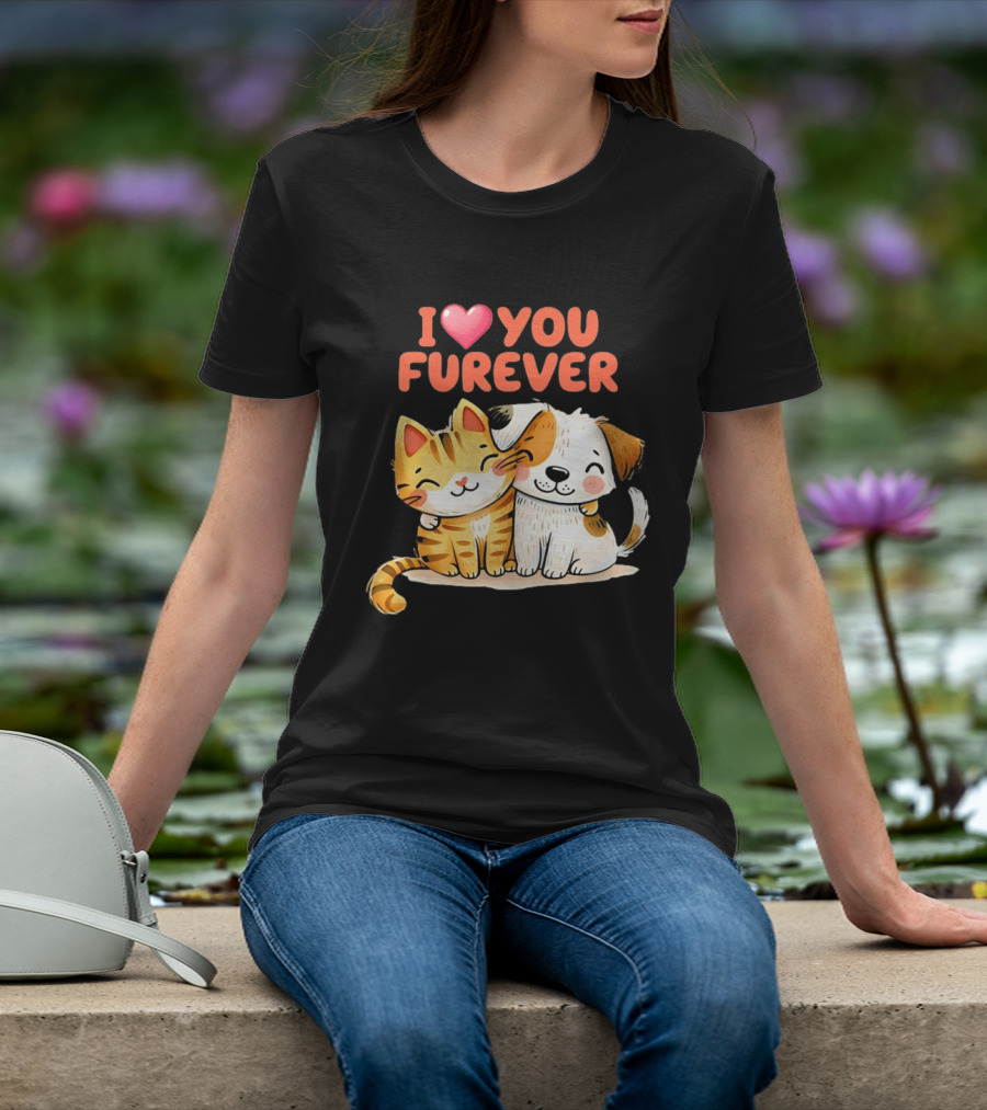 I Love You Furever Cat Hugging Dog T-Shirt