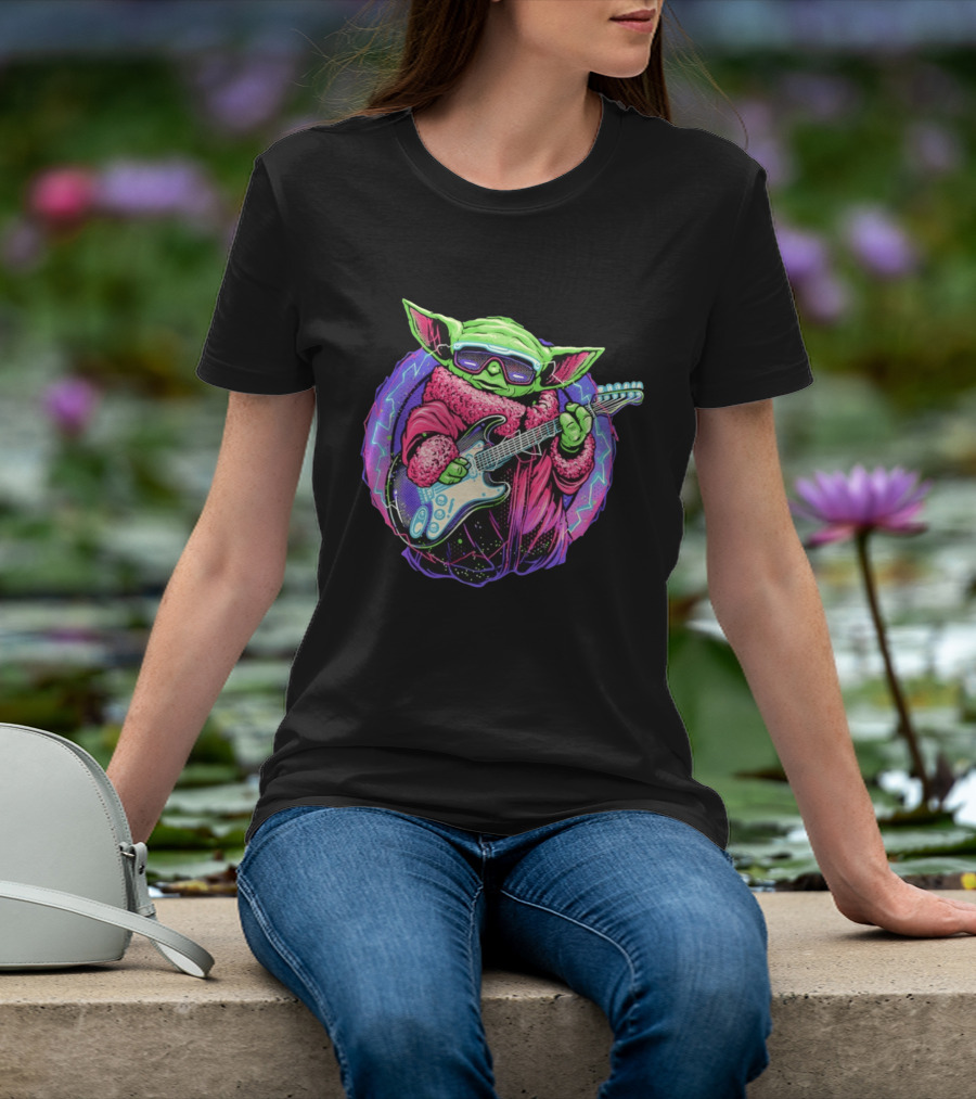 Grogu Electric Galaxy Guitar Blue Neon Lightning T-Shirt