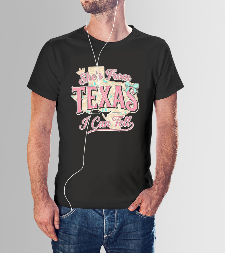 She's From Texas I Can Tell Texas Map Crown Bow T-Shirt