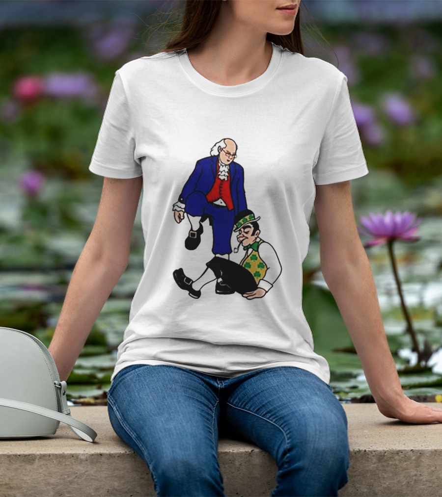 Ben Franklin Stepover Cartoon Colonial Vs Leprechaun T-Shirt