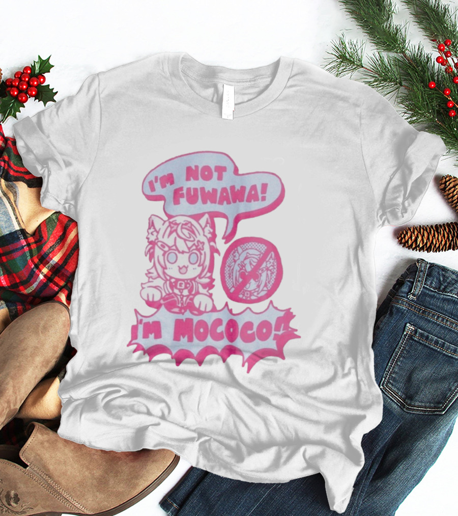 I'm Not Fuwawa I'm Mococo Anime Character Expression Pink And White Speech Bubbles T-Shirt