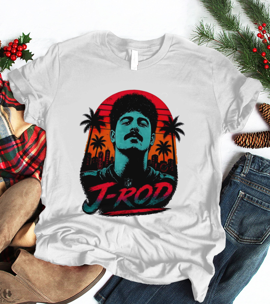 J Rod Retro Sunset Vibes With NFL And Palm Trees T-Shirt