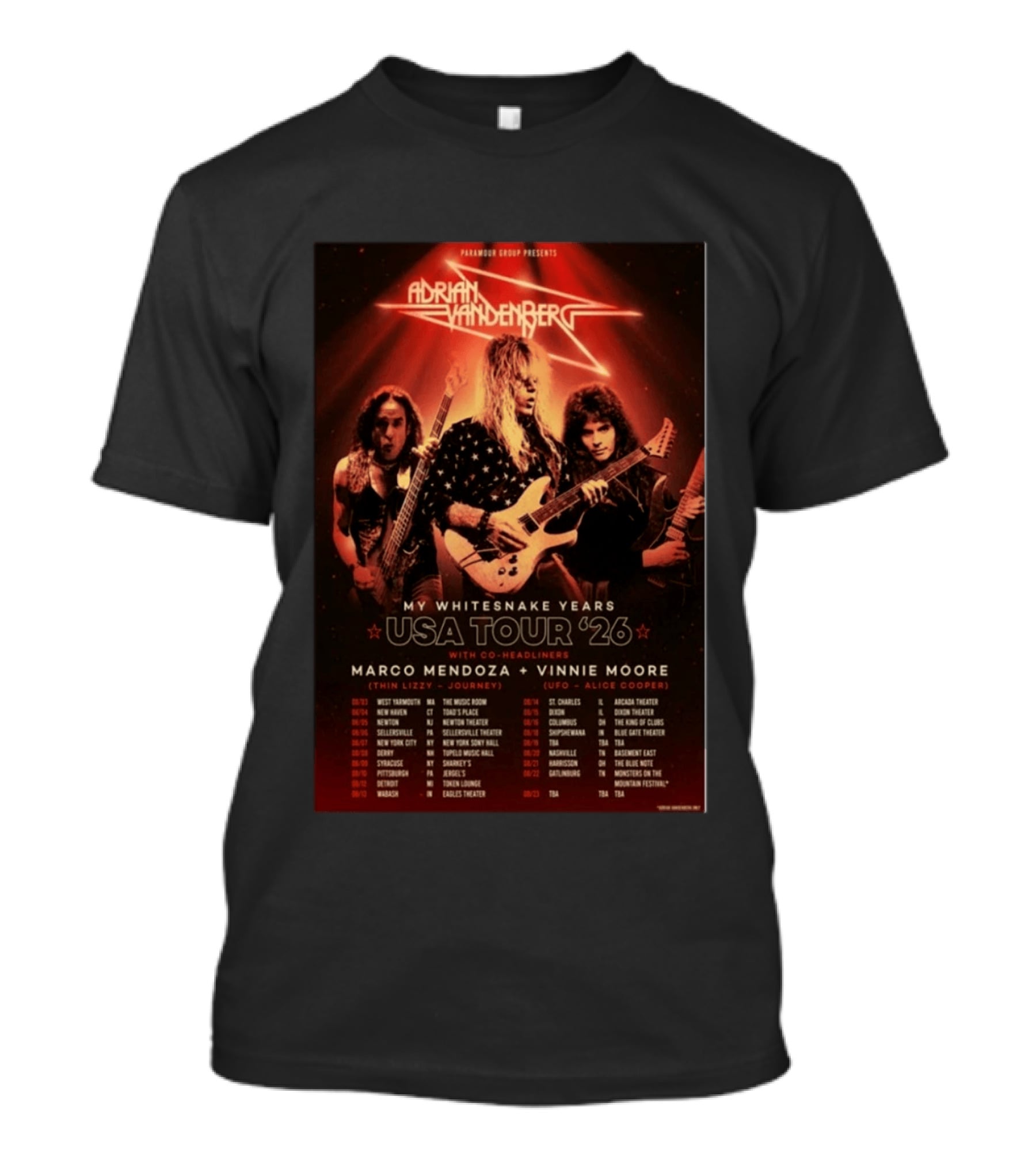 Paramour Group Presents Adrian Vandenberg My Whitesnake Years USA Tour 2026 With Marco Mendoza Vinnie Moore T-Shirt