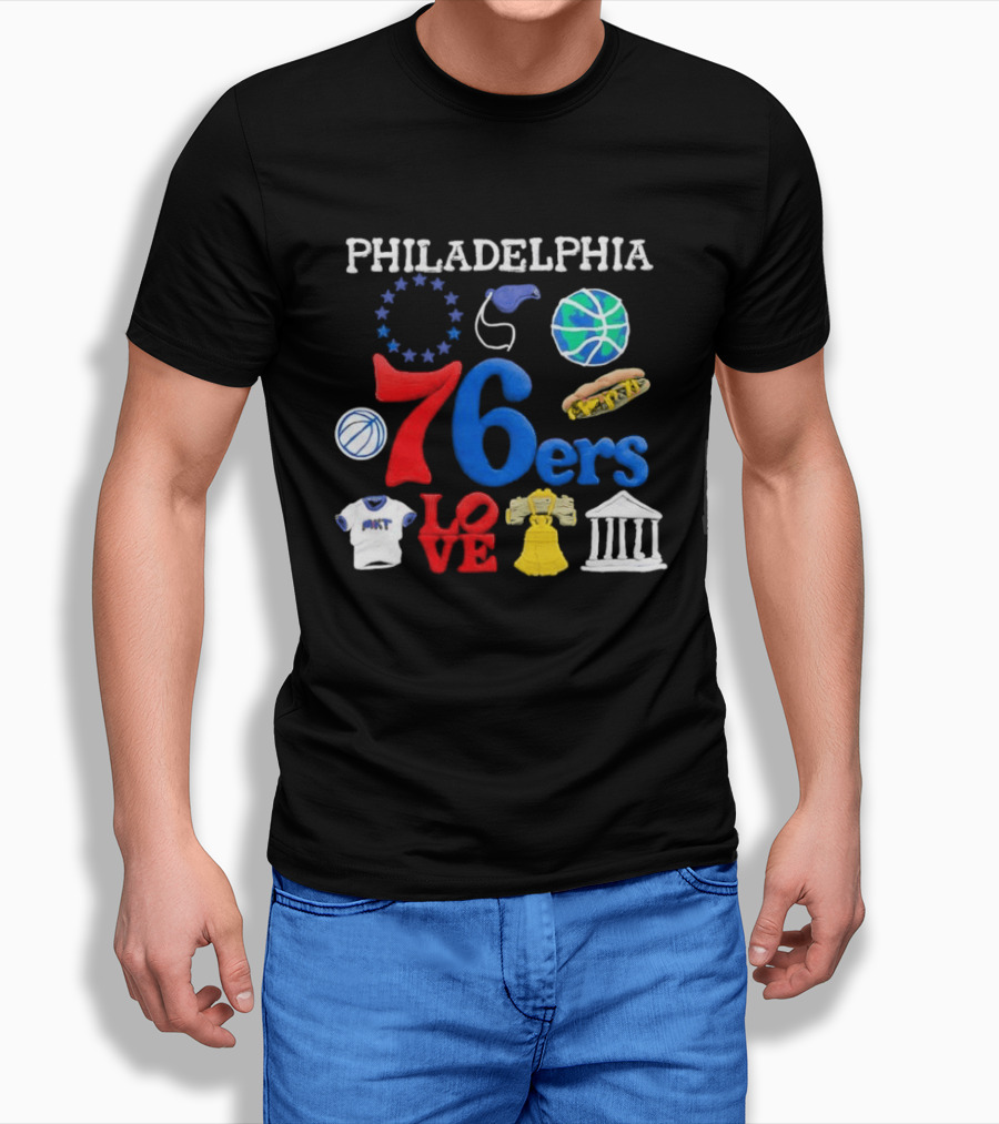Philadelphia 76ers Claymation Icons Hot Dog Liberty Bell Basketball LOVE Statue City T-Shirt