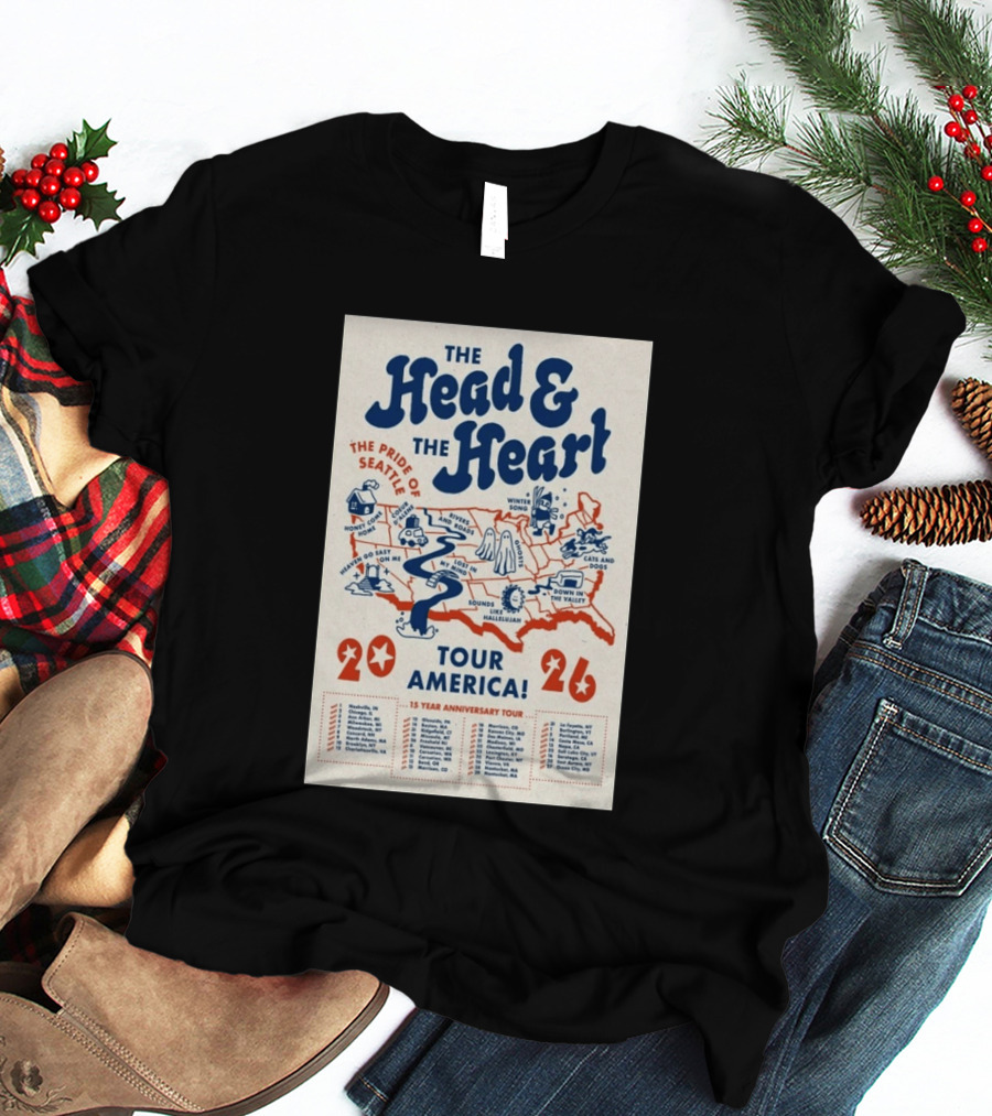 The Head And The Heart Tour America 2026 Pride Of Seattle Map 15 Year Anniversary T-Shirt