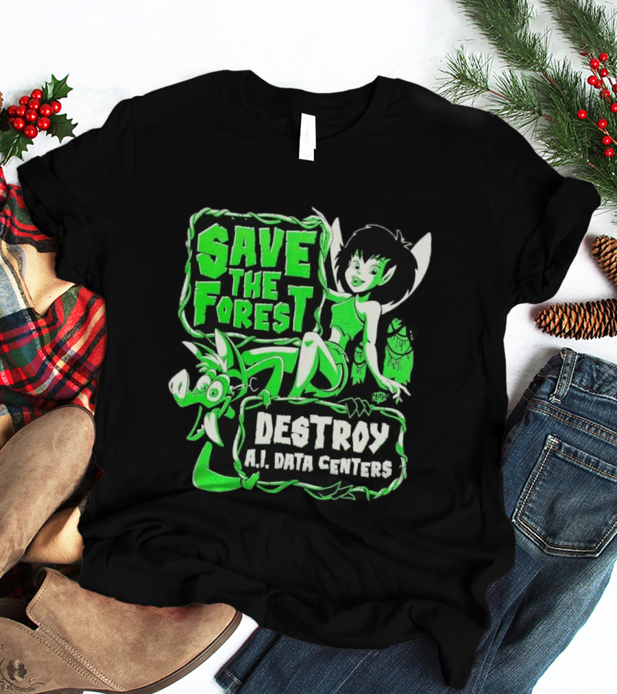 Save The Forest Destroy A.I. Data Centers Cartoon Fairy And Boar T-Shirt
