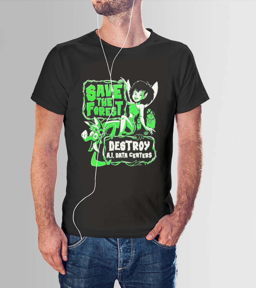 Save The Forest Destroy A.I. Data Centers Cartoon Fairy And Boar T-Shirt