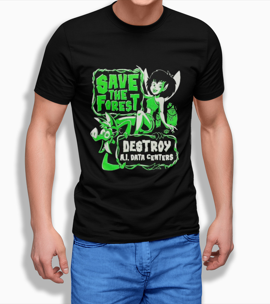 Save The Forest Destroy A.I. Data Centers Cartoon Fairy And Boar T-Shirt