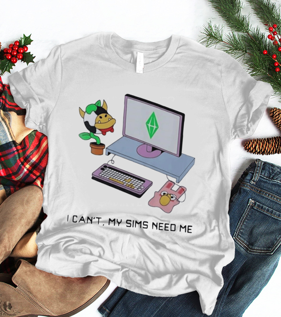 I Can't My Sims Need Me Cowplant Computer And Plumbob Gaming Setup T-Shirt