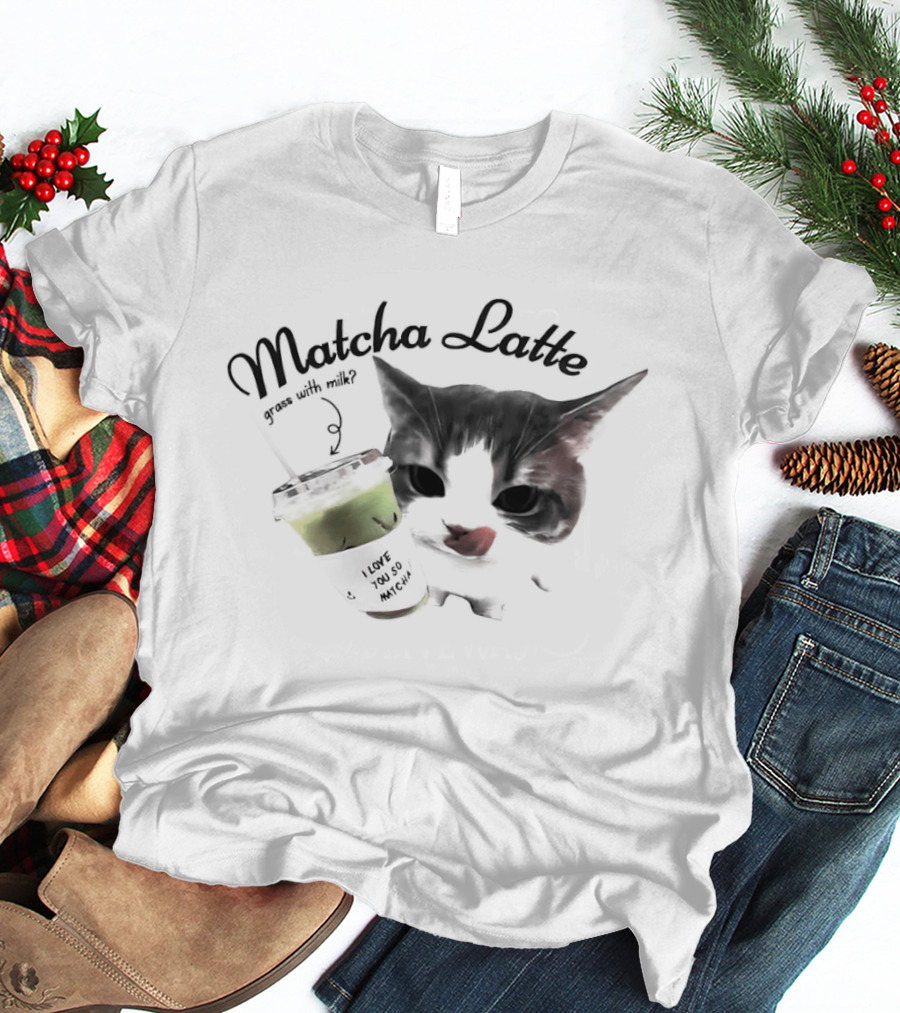 Matcha Latte Coffee Cat Kawaii With Paw And Tail T-Shirt