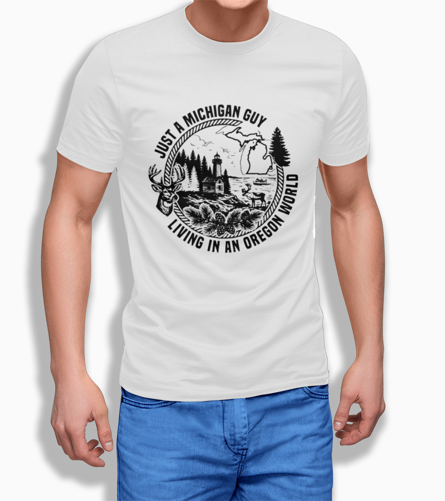 Just A Michigan Guy Living In An Oregon World Scenic Nature Scene With Deer Lighthouse And Trees T-Shirt