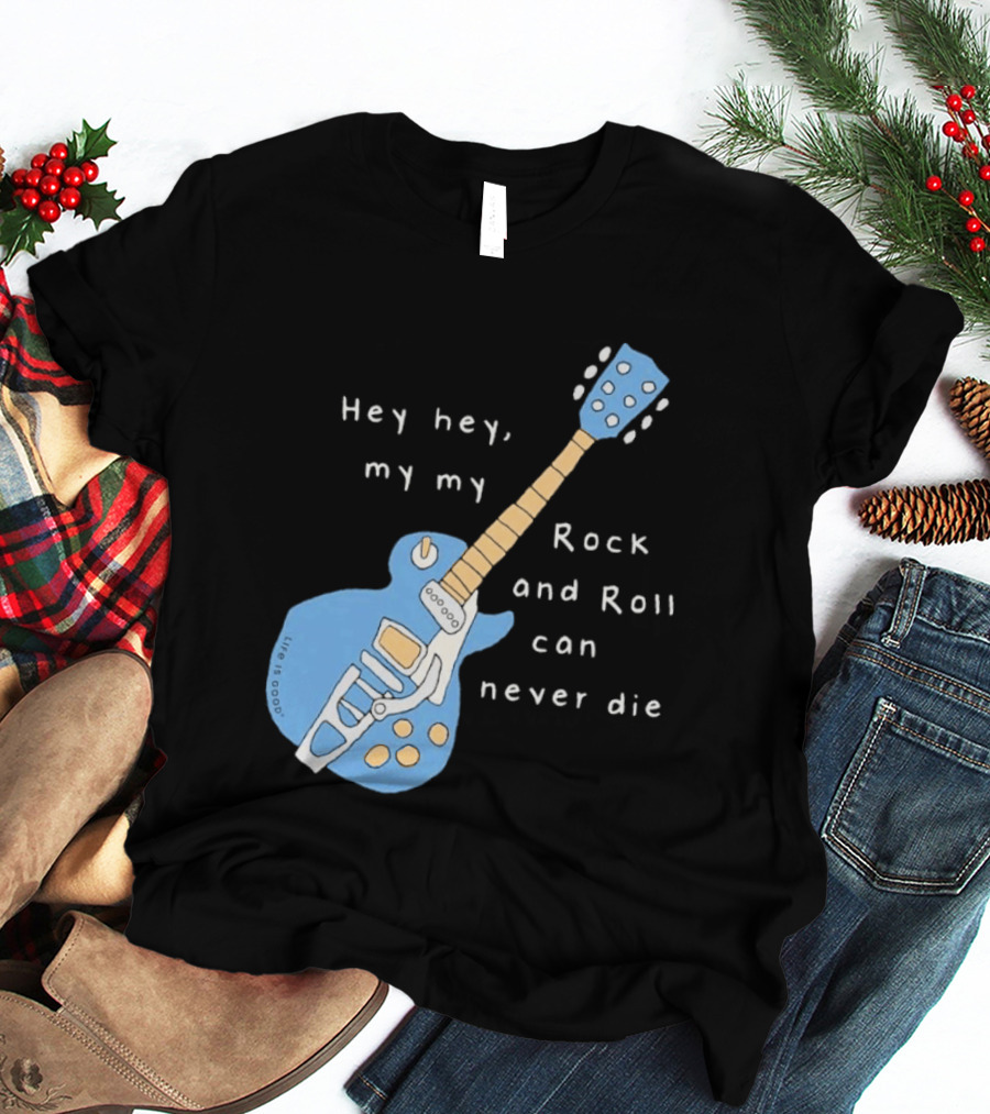 Hey Hey My My Rock And Roll Can Never Die Blue Guitar T-Shirt