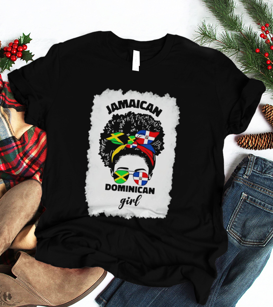 Jamaican Dominican Girl Afro Headwrap Flag Sunglasses T-Shirt