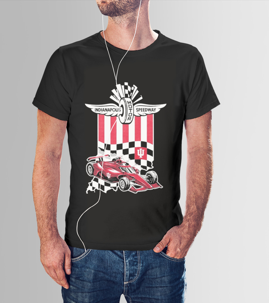Indiana Hoosiers Red Race Car Indianapolis Motor Speedway Checker Flag T-Shirt