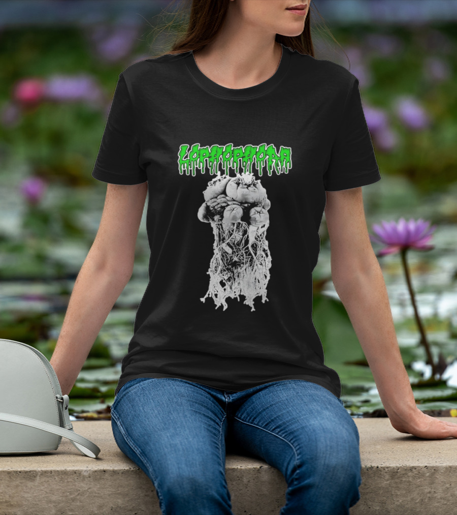 Lophophora Cactus Dripping Text With Detailed Root T-Shirt