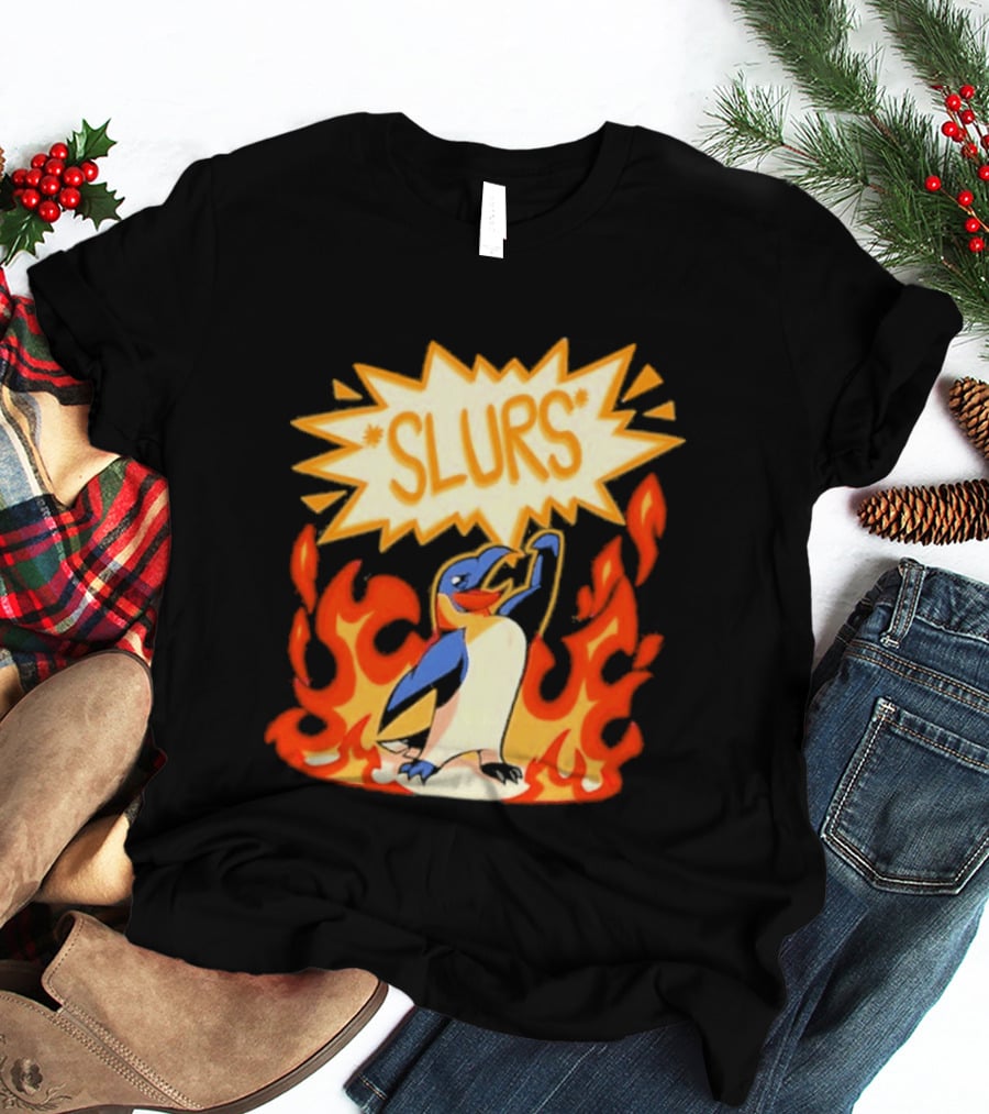 Penguin Slurs Cartoon Flaming Penguin In Fiery Speech Bubble T-Shirt