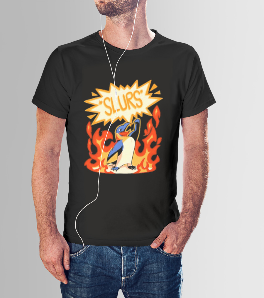 Penguin Slurs Cartoon Flaming Penguin In Fiery Speech Bubble T-Shirt