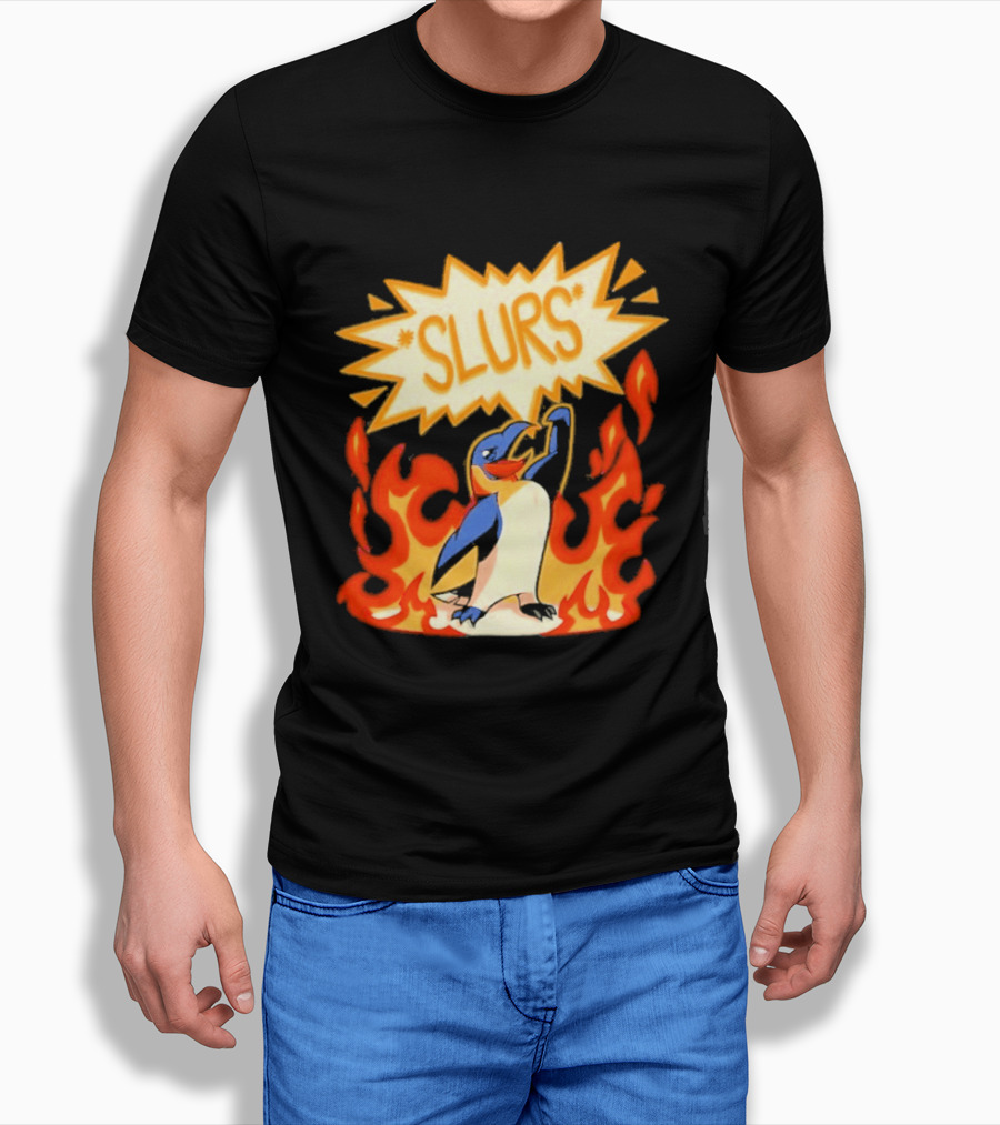 Penguin Slurs Cartoon Flaming Penguin In Fiery Speech Bubble T-Shirt