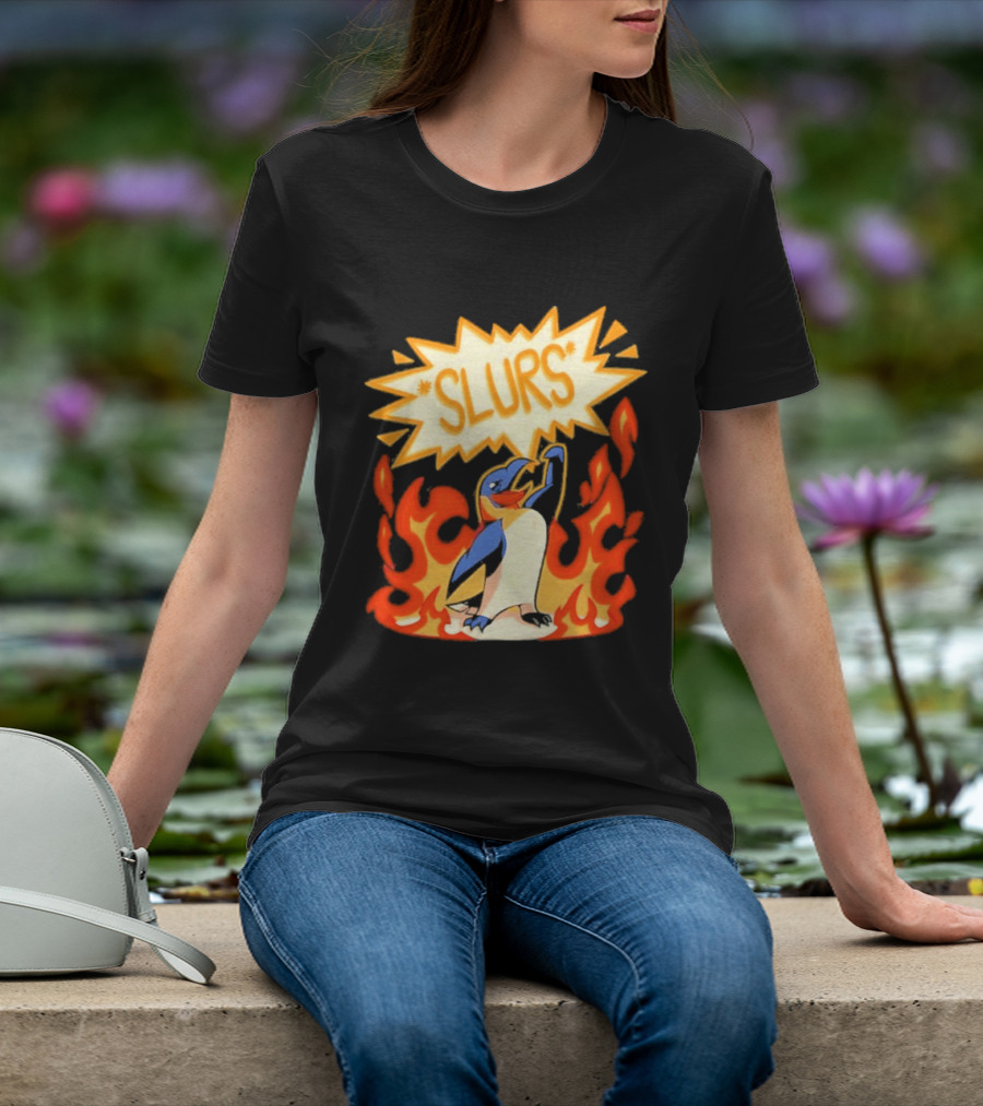 Penguin Slurs Cartoon Flaming Penguin In Fiery Speech Bubble T-Shirt