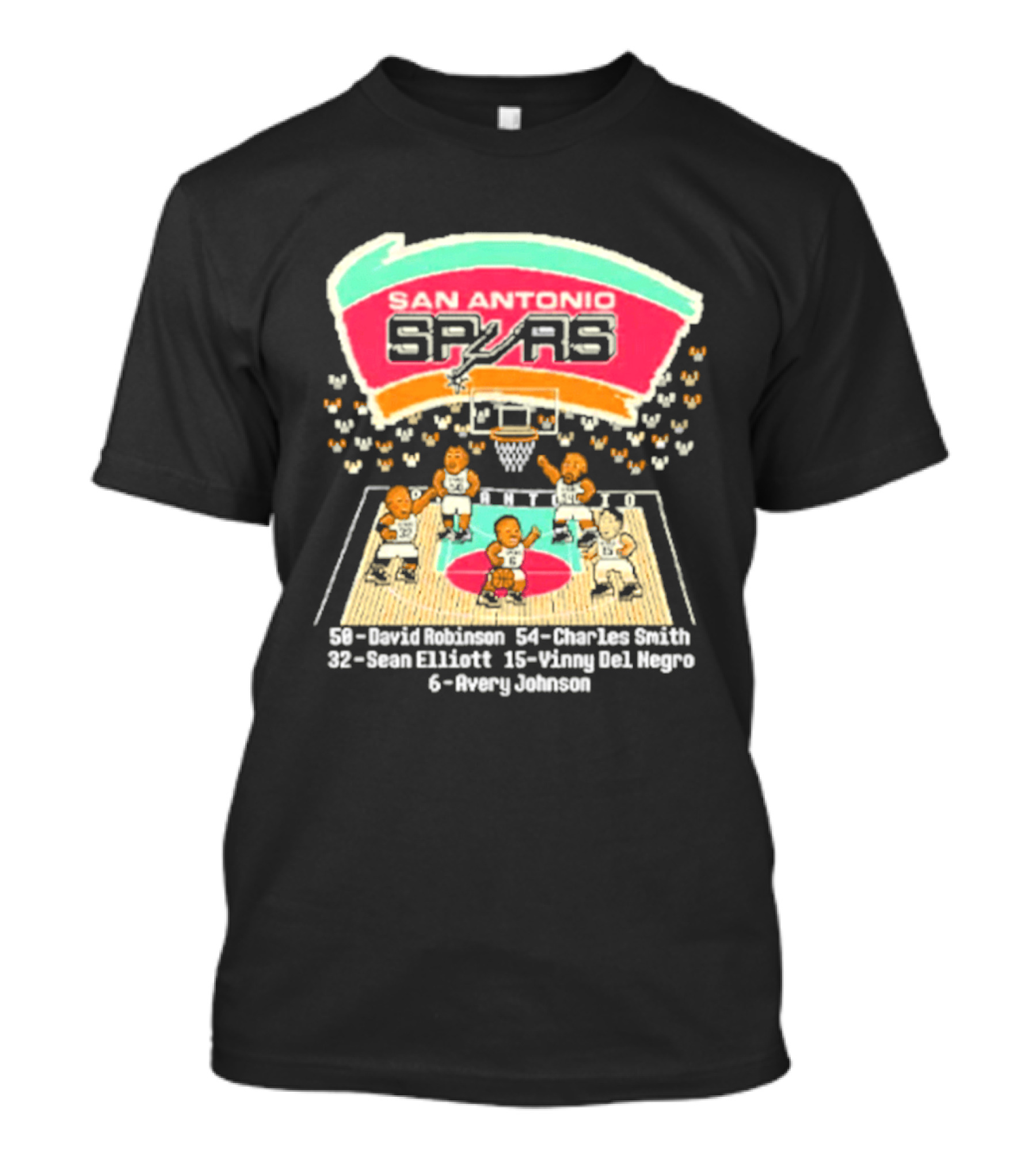 San Antonio Spurs David Robinson Charles Smith Sean Elliott Vinny Del Negro Avery Johnson Basketball Team T-Shirt