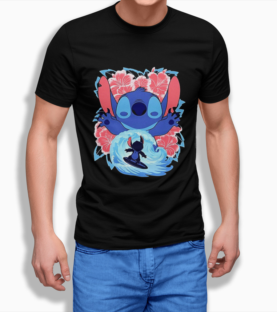 Lilo And Stitch Surfing Tropical Hibiscus Flowers T-Shirt
