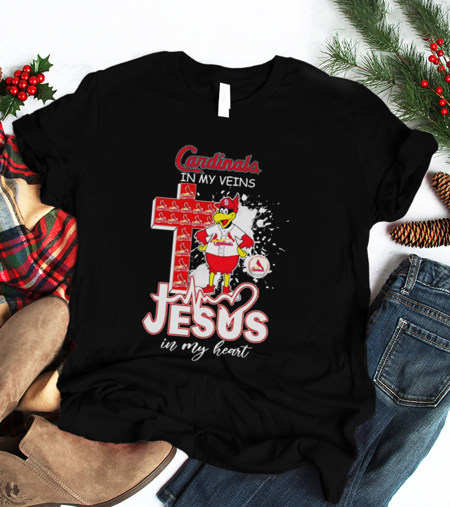 Cardinals In My Veins Jesus In My Heart Cross T-Shirt