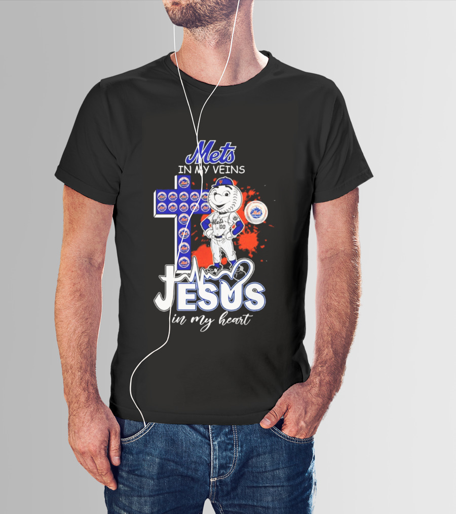 Mets In My Veins Jesus In My Heart Cross And Baseball T-Shirt