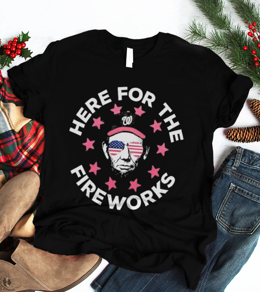 Here For The Fireworks Nationals 4th Of July Patriotic American Flag Sunglasses Stars T-Shirt