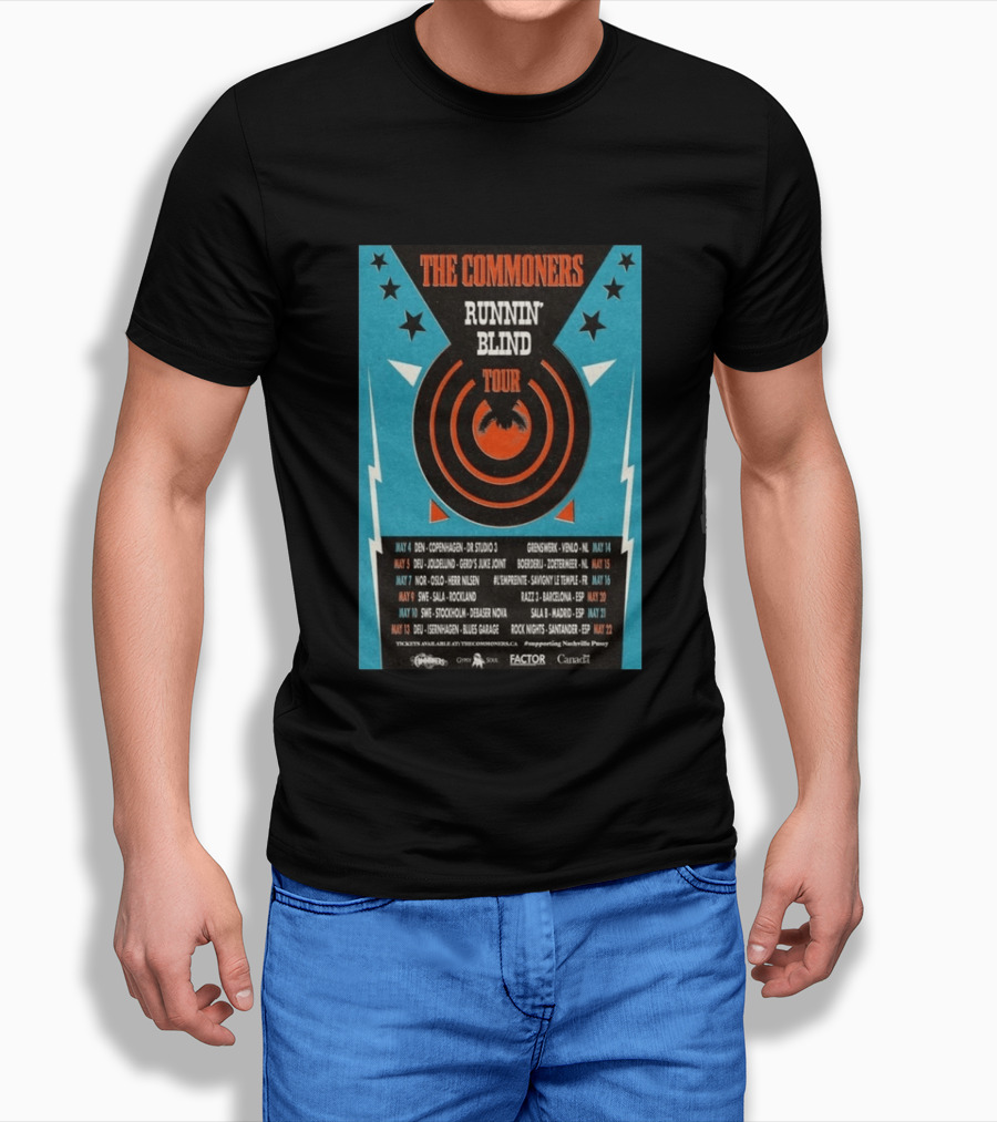 The Commoners Runnin Blind Tour 2026 Europe Dates Copenhagen Oslo Barcelona Madrid T-Shirt