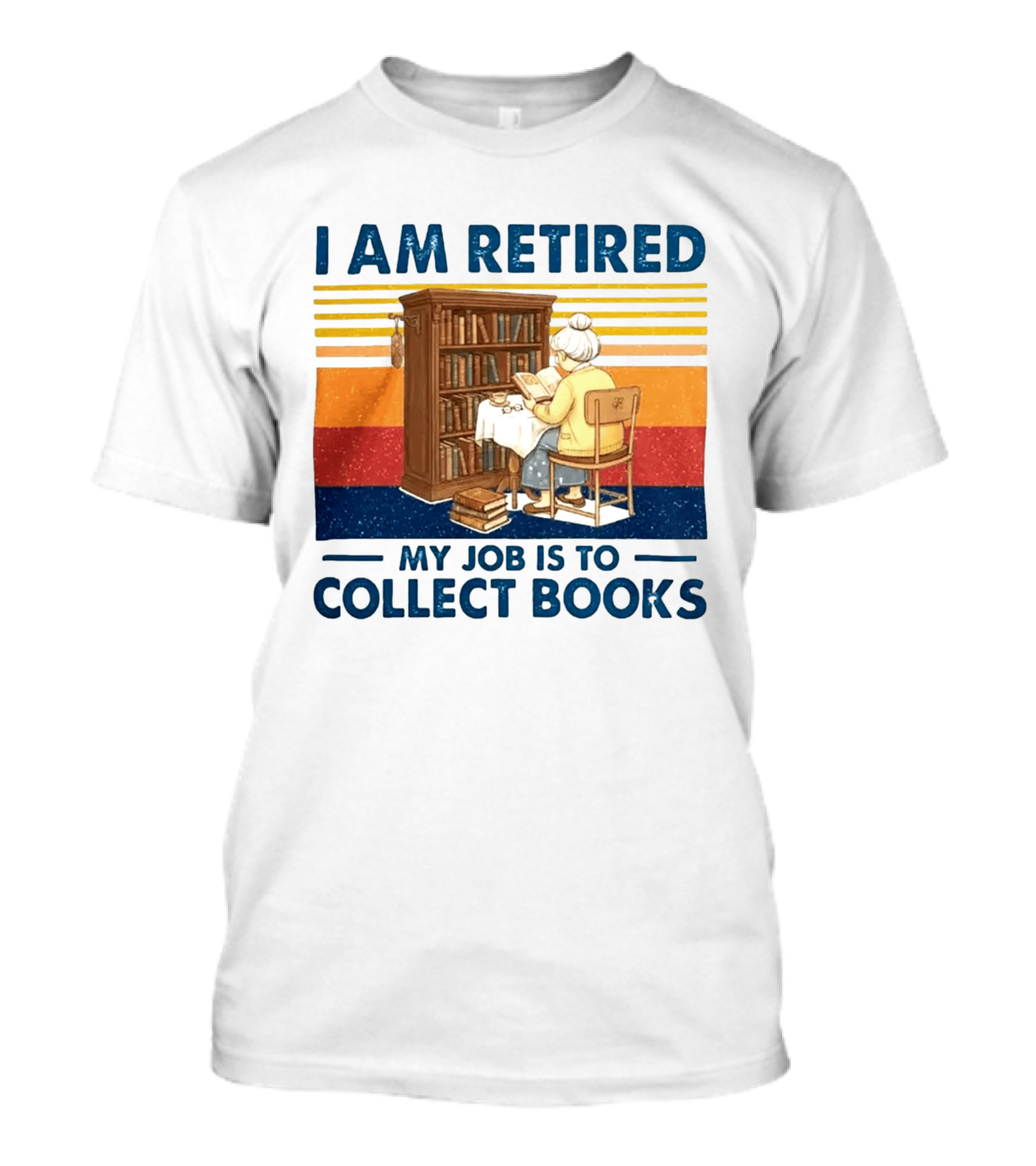 I Am Retired My Job Is To Collect Books Reading Bookshelves Retro Stripes T-Shirt
