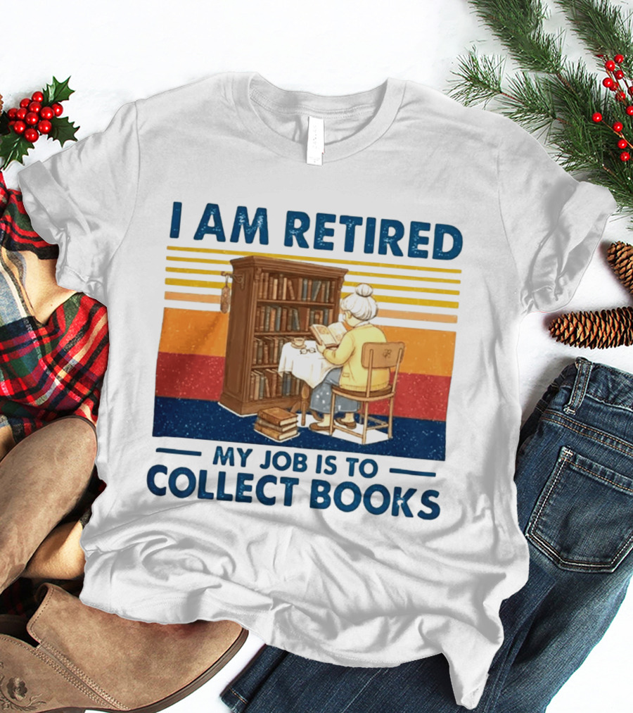 I Am Retired My Job Is To Collect Books Reading Bookshelves Retro Stripes T-Shirt