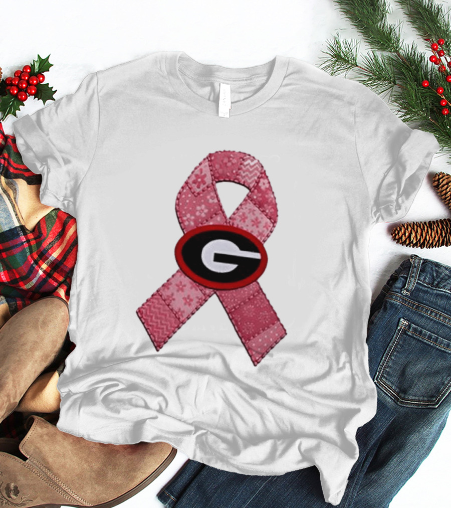 Georgia Bulldogs Patchwork Pink Ribbon Breast Cancer Awareness T-Shirt