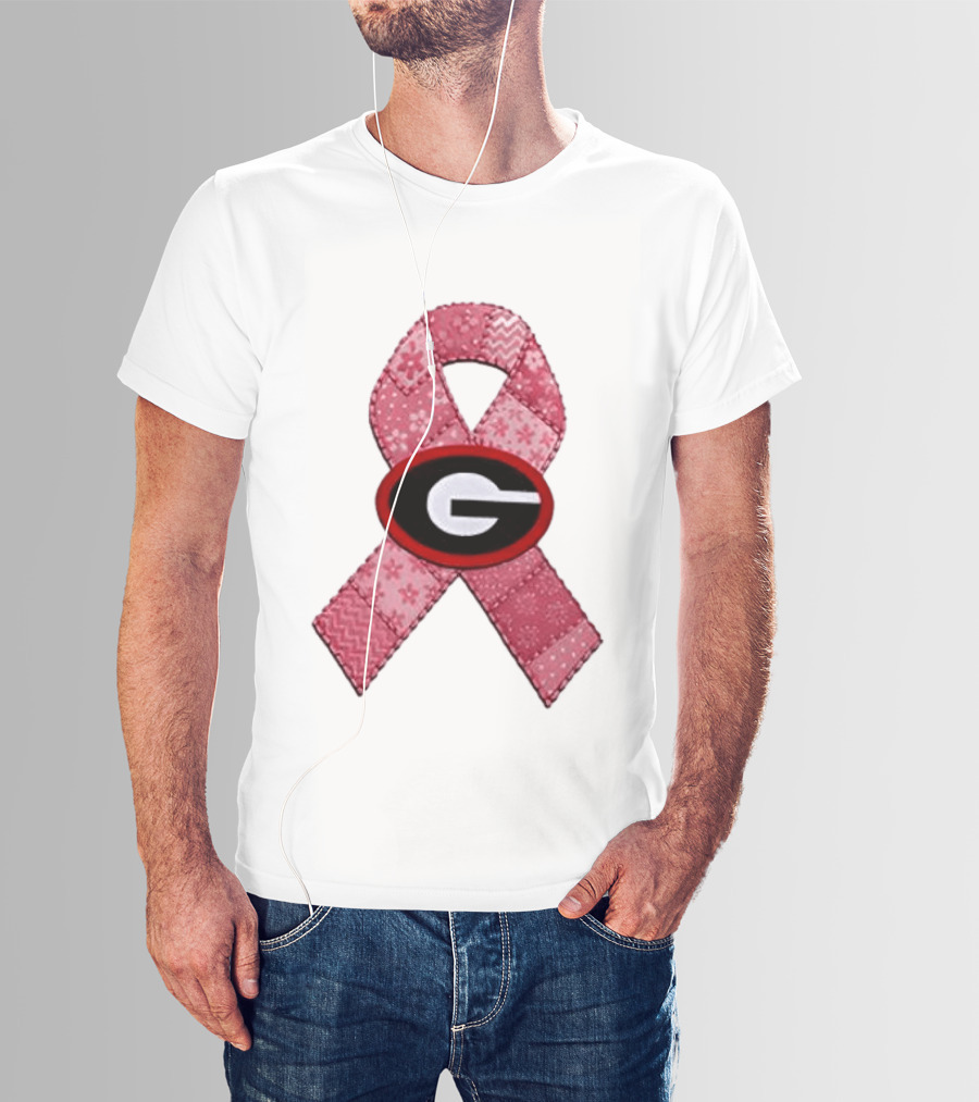 Georgia Bulldogs Patchwork Pink Ribbon Breast Cancer Awareness T-Shirt