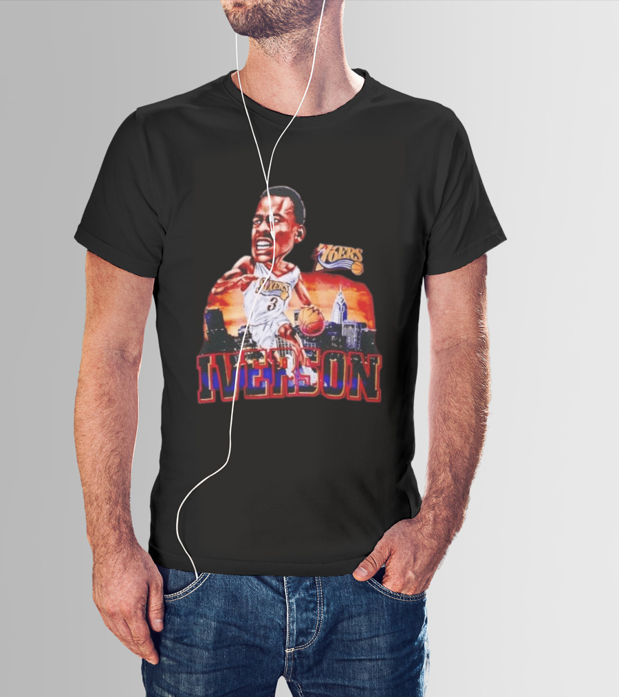 Allen Iverson 76ers Caricature With Philadelphia Skyline T-Shirt