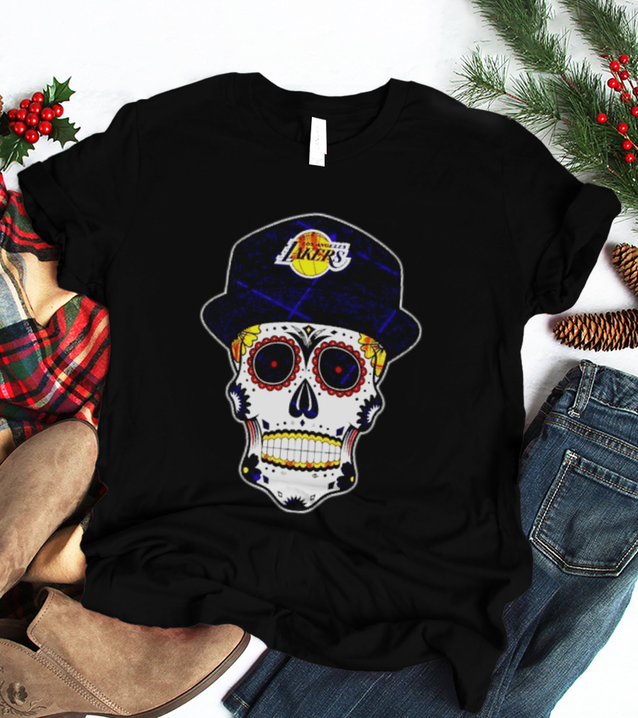 Los Angeles Lakers Sugar Skull Día De Muertos Hat Butterfly T-Shirt