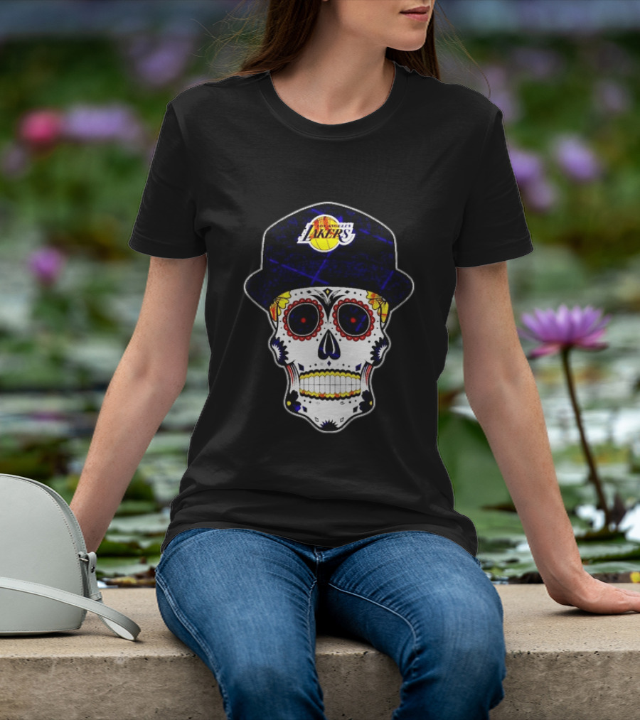 Los Angeles Lakers Sugar Skull Día De Muertos Hat Butterfly T-Shirt