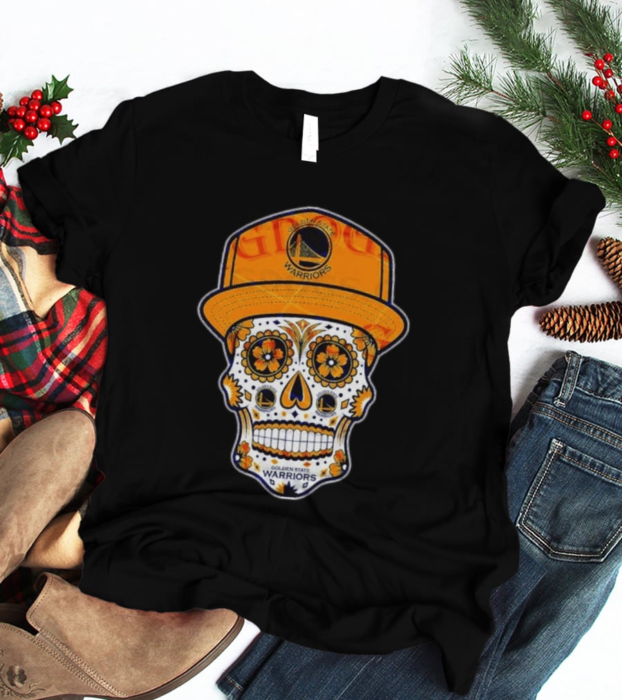 Golden State Warriors Sugar Skull Día De Muertos Cap And Floral T-Shirt