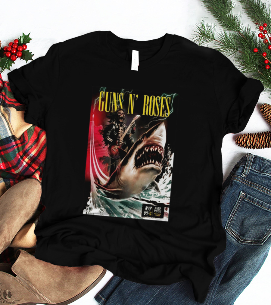 Guns N' Roses May 05 2026 Hard Rock Live Hollywood Concert Skeleton Guitarist Shark Wave T-Shirt