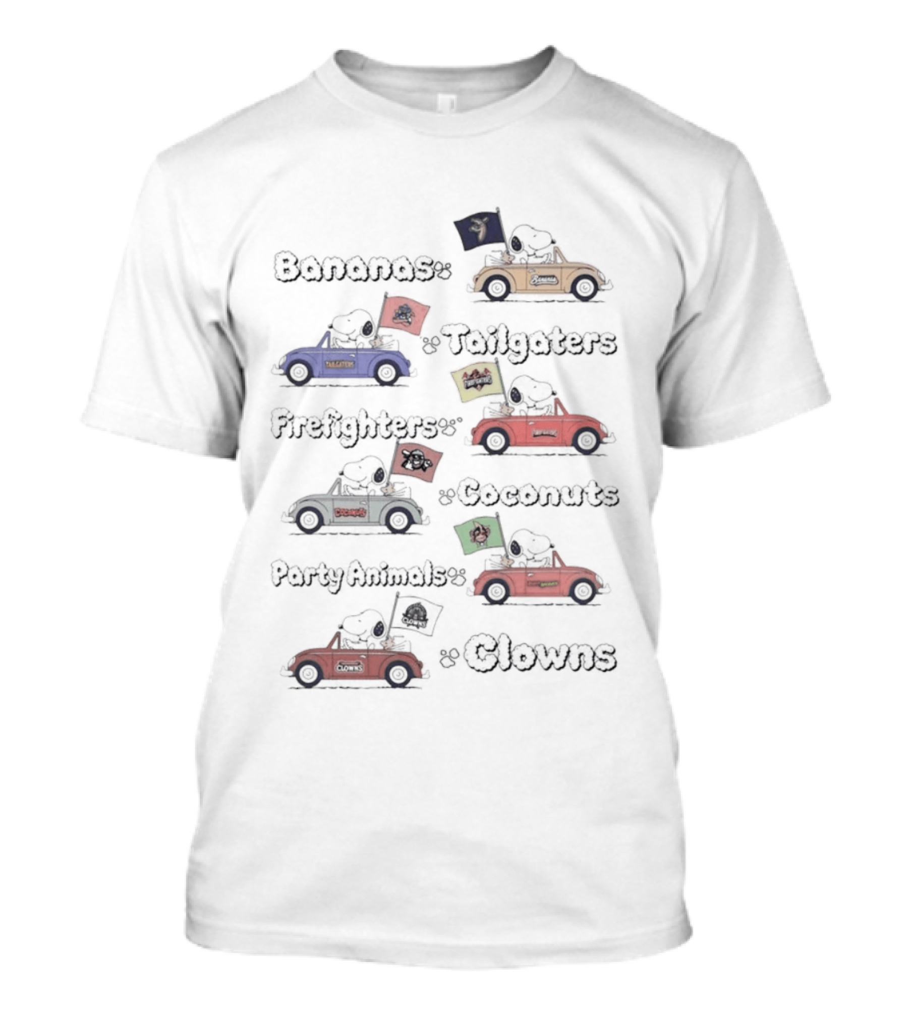Bananas Tailgaters Peanuts Snoopy Racing Cars Flags T-Shirt