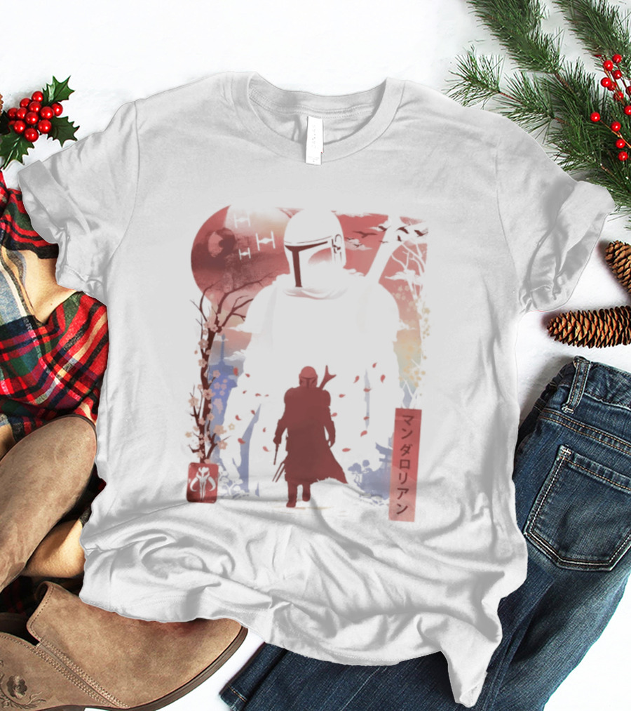 Lone Gunfighter Mandalorian Creed Japanese Text Star Wars Art Red Blue Yellow T-Shirt
