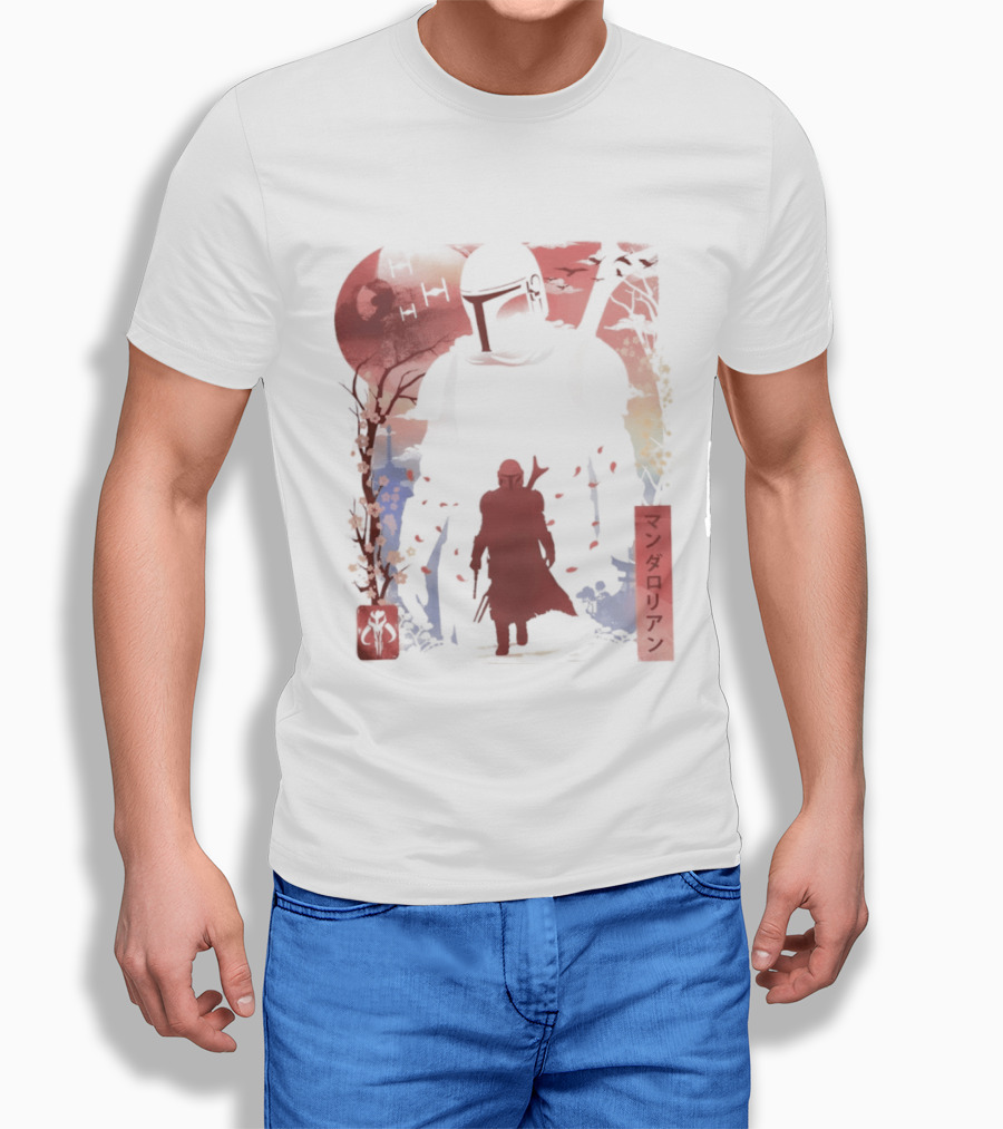 Lone Gunfighter Mandalorian Creed Japanese Text Star Wars Art Red Blue Yellow T-Shirt
