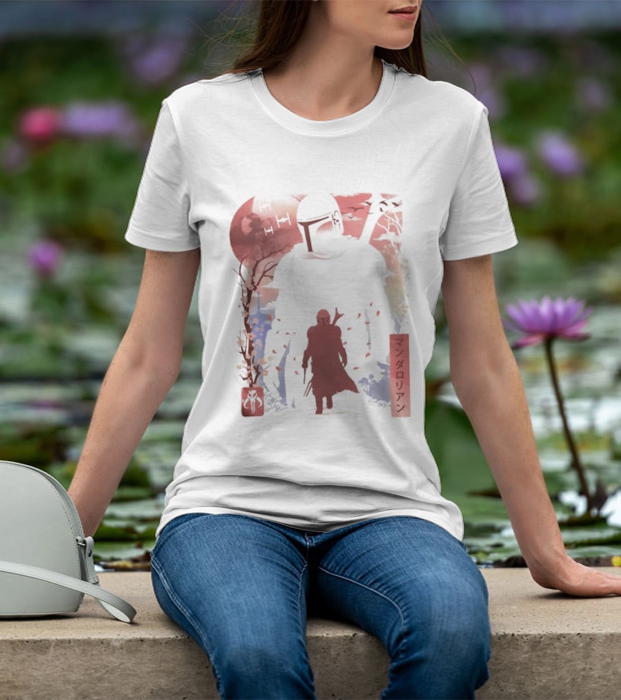 Lone Gunfighter Mandalorian Creed Japanese Text Star Wars Art Red Blue Yellow T-Shirt