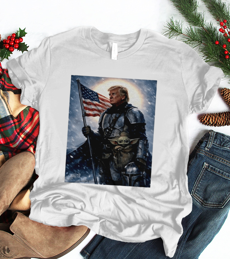 Donald Trump As The Mandalorian Holding American Flag With Grogu Star Wars T-Shirt