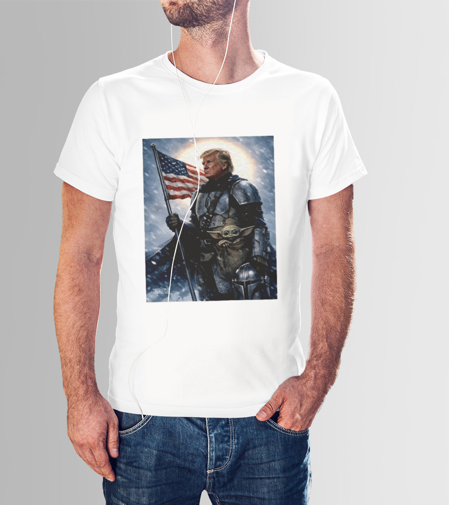 Donald Trump As The Mandalorian Holding American Flag With Grogu Star Wars T-Shirt