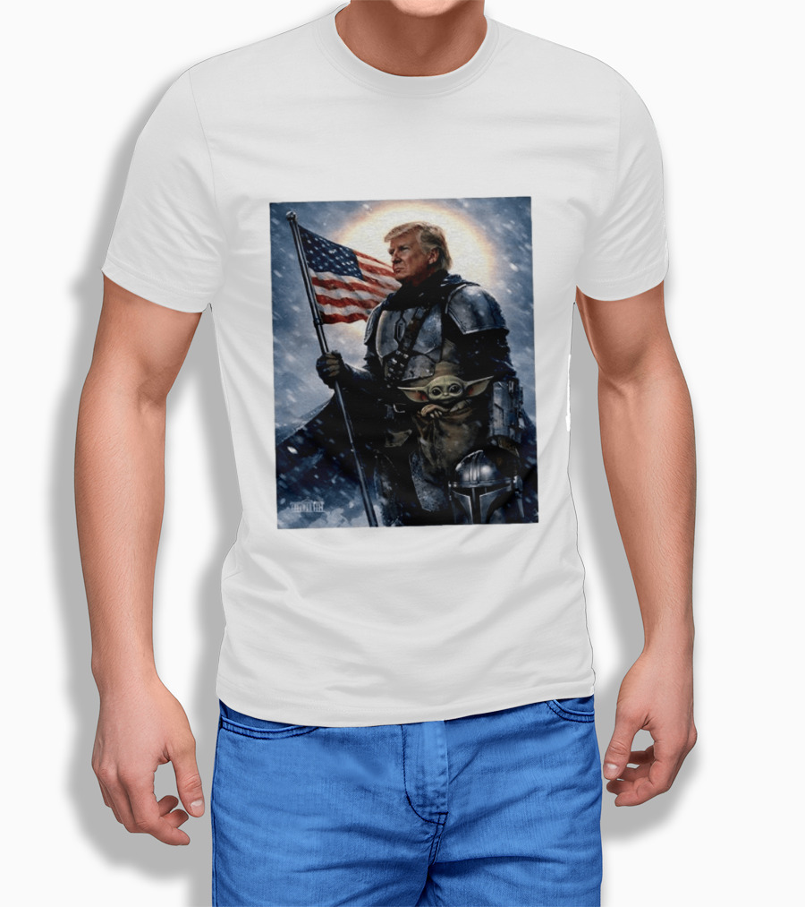 Donald Trump As The Mandalorian Holding American Flag With Grogu Star Wars T-Shirt
