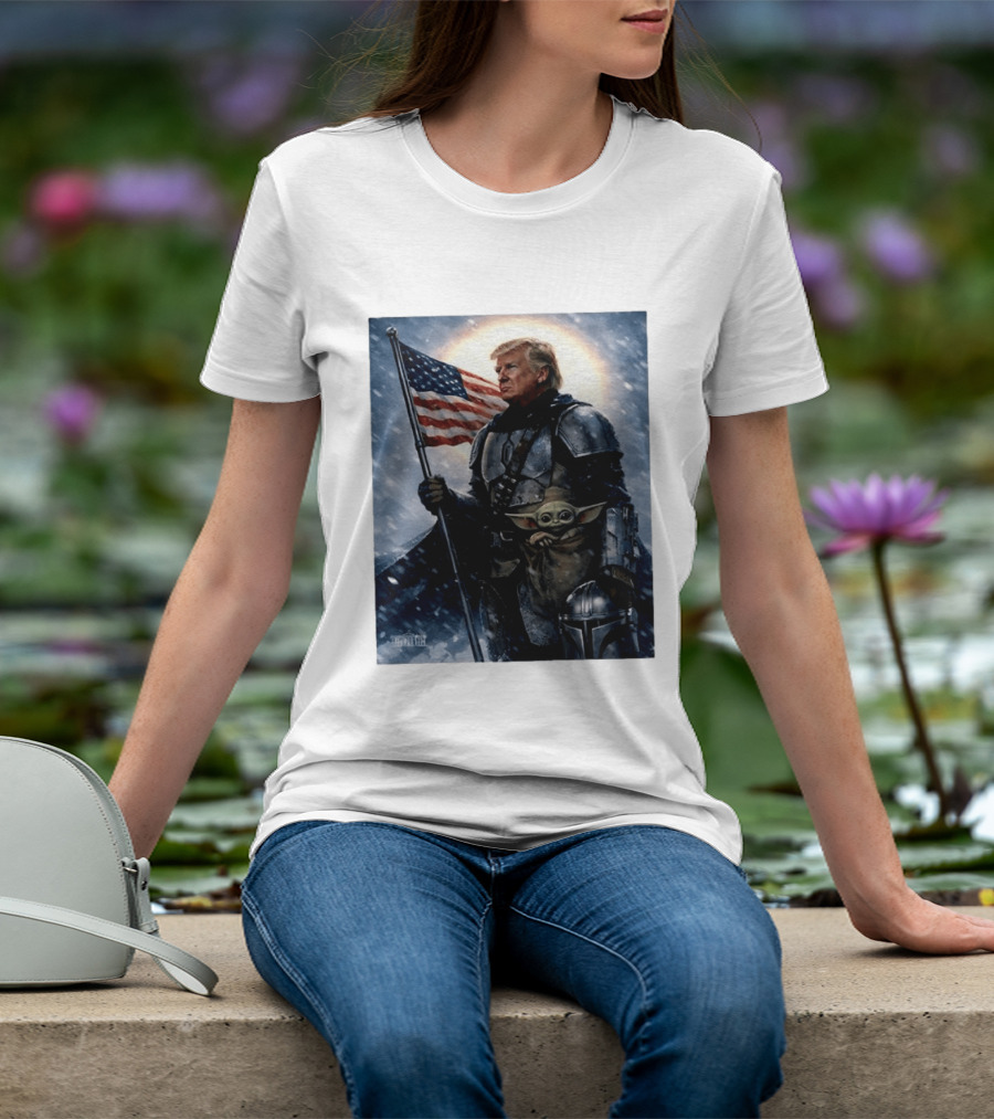 Donald Trump As The Mandalorian Holding American Flag With Grogu Star Wars T-Shirt