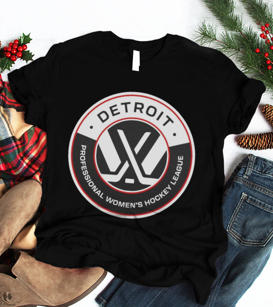 Detroit Professional Women's Hockey League Emblem With Crossed Sticks T-Shirt
