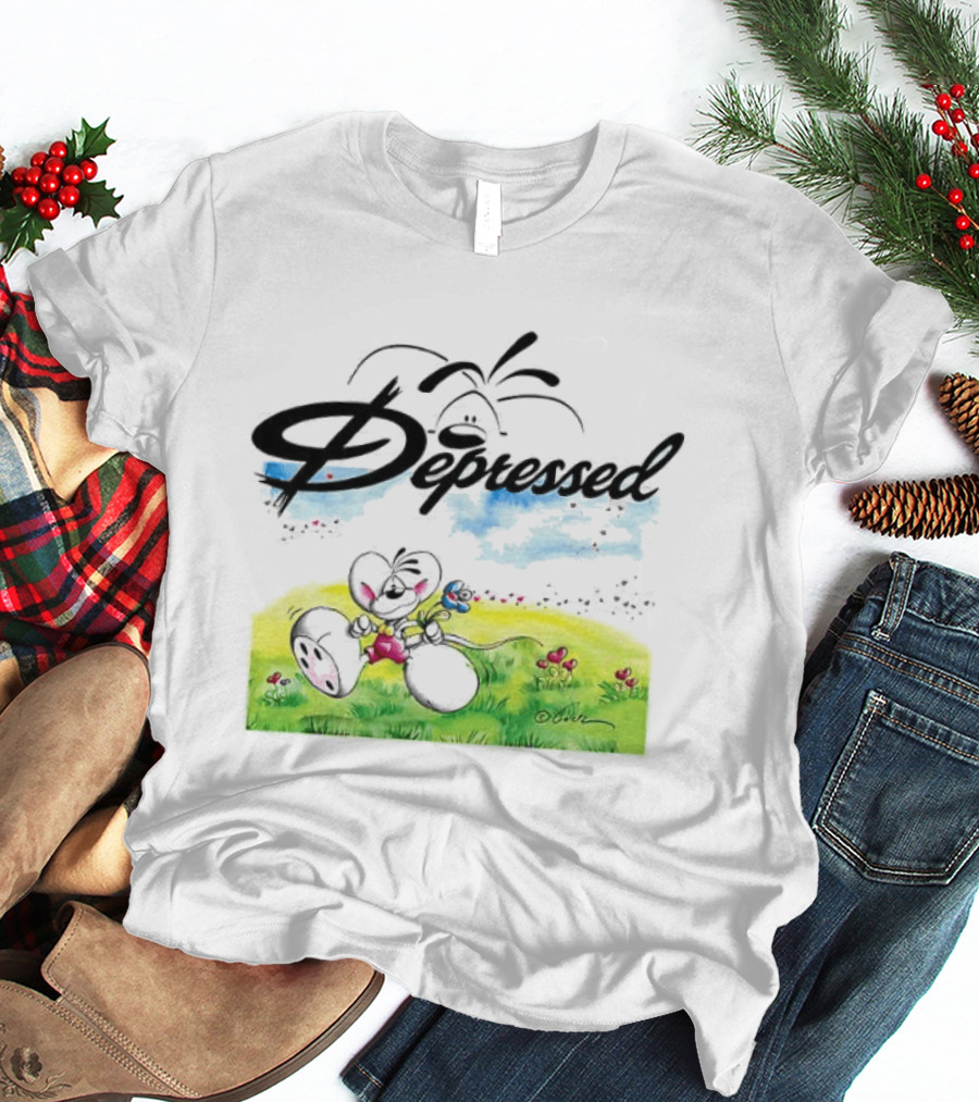 Depressed Diddl White Gerbil Cartoon In Spring Meadow T-Shirt